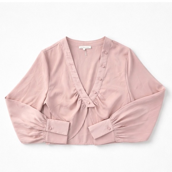 Mimosa Tops - Mimosa Women Sm Blush Pink Crop L/S V-Neck Button Blouse Top Silky Balletcore
